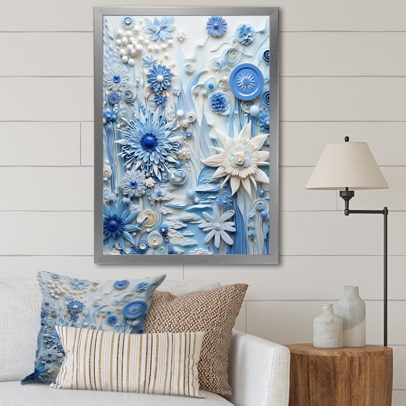 «Blue and White Botanical Tiles IV» - art mural botanique, H 40 po x l 30 po, Cadre photo noir