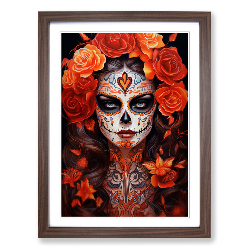 Sugar Skull Art Deco No.2 1 Piece Single Picture Frame Wall Art, 64cm H x 46cm W x 2cm D, Walnut