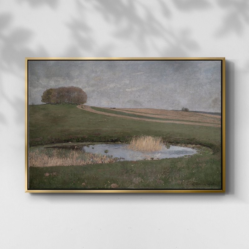 Paysage rétro - Dxxix, Toile avec cadre flottant or, H 25 po x l 37 po x P 2 po