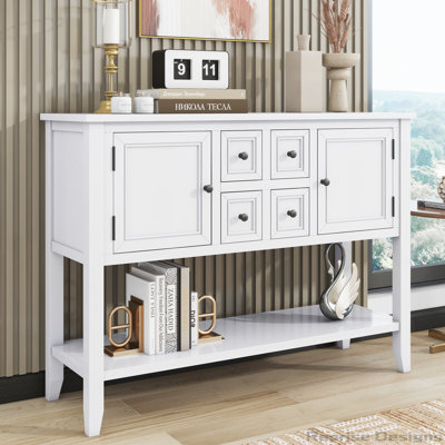 Grande console de rangement rétro Cambridge Series avec quatre petits tiroirs et une tablette inférieure pour les salons, les entrées et les cuisines