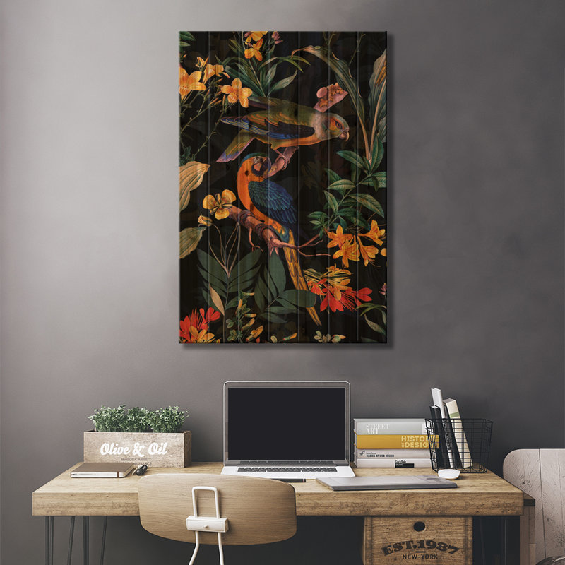 Perroquet exotique et fleurs tropicales dans le jardin de minuit, H 40 po x l 26 po x P 1,5 po