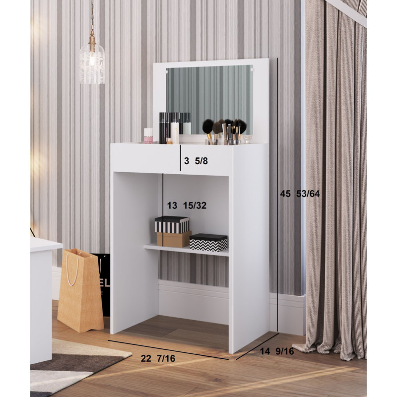 White Vanity Desk With Built-in Mirror –