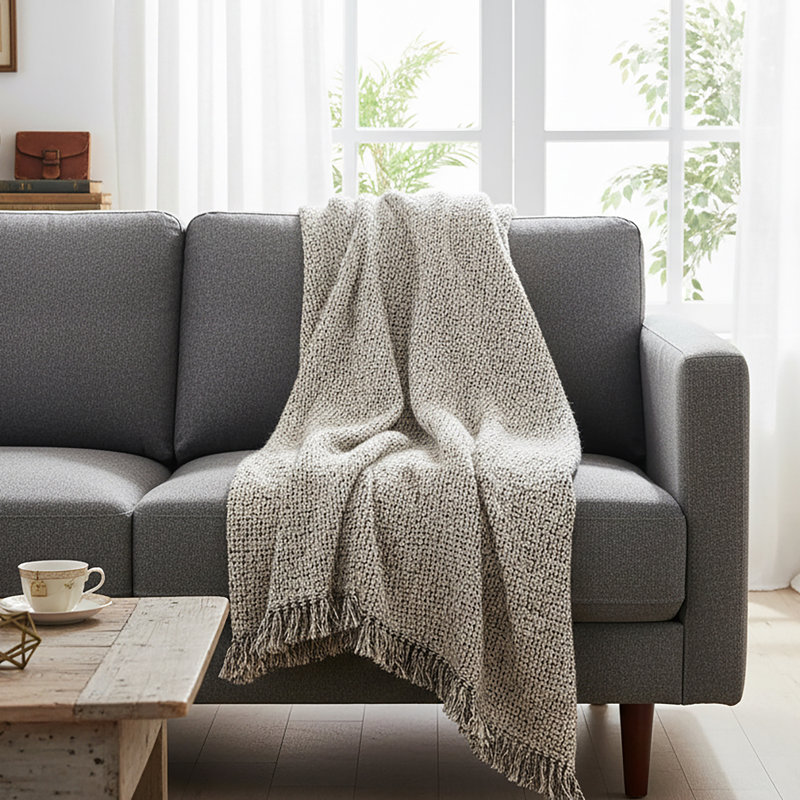 100% Polyester Throw, Ivory/Gray