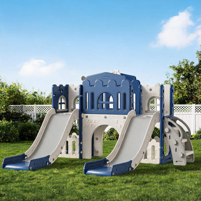 Double Side-by-Side Toddler Slide, 10-in-1 Activity Climber Playset for Indoor Outdoor Backyard, HDPE Sturdy Construction for Ages 1-3
