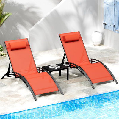 Outdoor Patio Chaise Lounge Chair Set Of 3, Poolside PVC-Coated Polyester Lounger Set, Backyard Reclining Tanning Chair W/side Table, Fo by Latitude Run