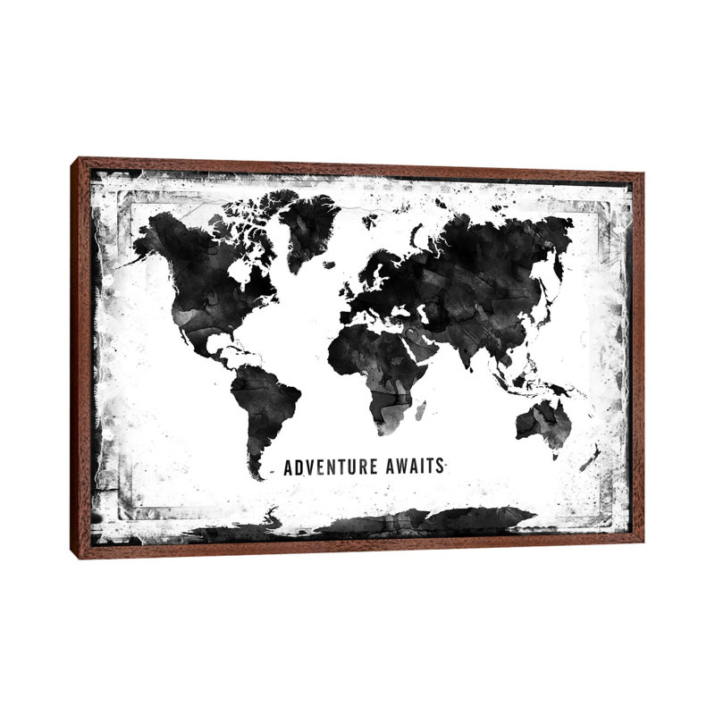 Black And White Framed World Map - Print on Canvas, Classic Brown Wood Framed, 101.6cm H x 152.4cm W x 3.81cm D