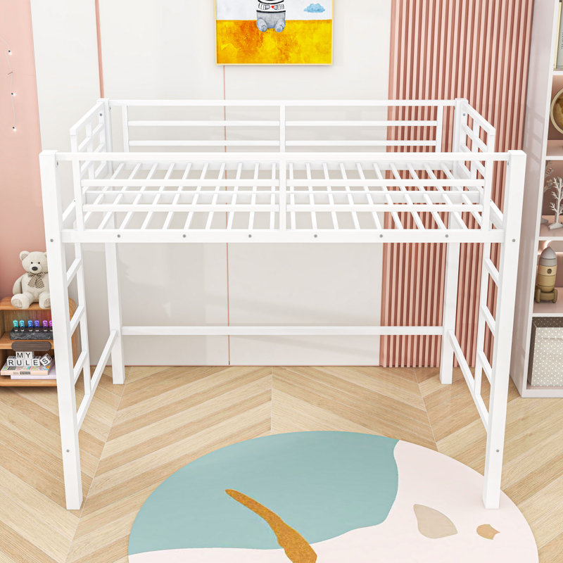 Metal Loft Bed with Guardrails, Ladder and Slats, Full
