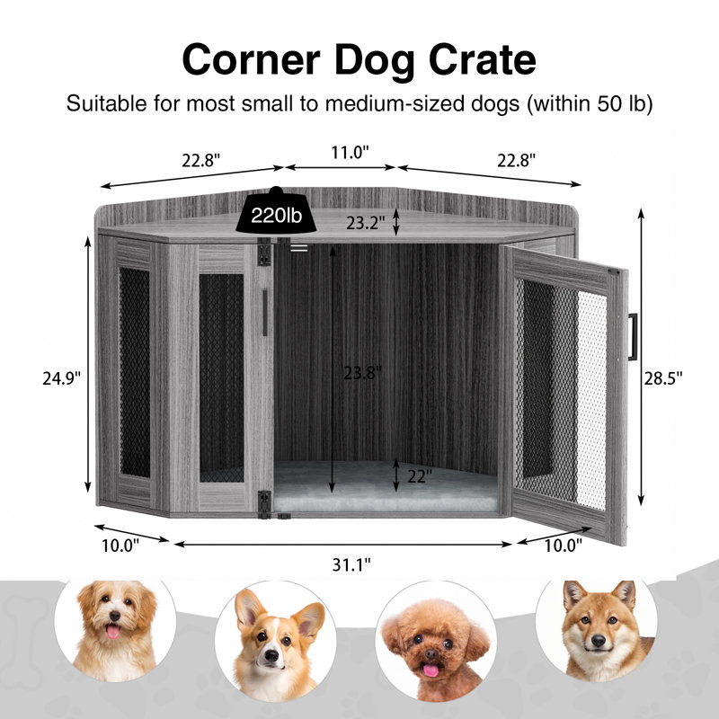 Cage de coin grise pour chien avec tapis