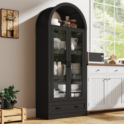 75" Tall Arched Kitchen Pantry Storage Cabinet W Load-Bearing Steel Pipe, Farmhouse Kitchens Storage Cabinet With Drawer And Glass Doors, Tall Arched by Winston Porter