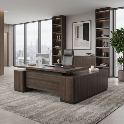 Bureau de direction électrique en L de 225 cm (88,5 po) avec tiroirs, prises de courant intégrées et hauteur réglable, fini noyer.