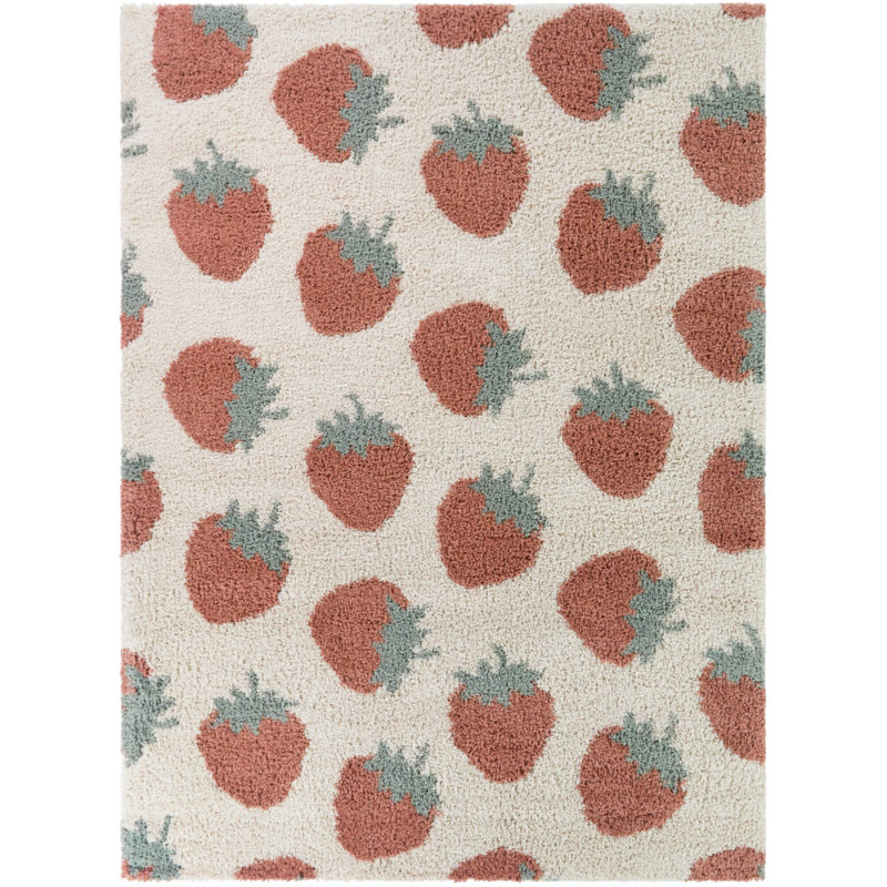 Rosa Coral/Green Kids Tossed Strawberry Area Rug, 3'11" x 5'7"