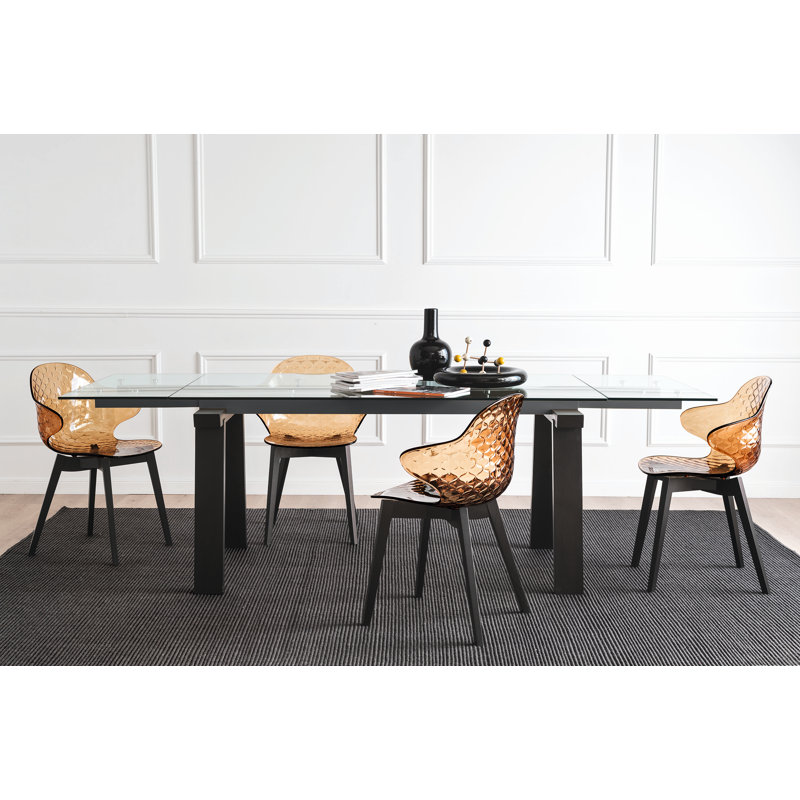Levante Glass Extendable Table with Wooden Legs, 30"H x 55.13"L x 35.5"W, Clear/Black