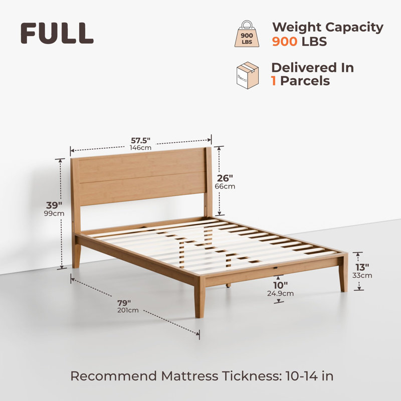 Full Japanese Joinery Platform Bed Frame, Mid-Century With Tall Headboard, Noise-Free Solid Bamboo Wood Sustainable, Sturdy Slat Support With Heavy Duty, Tool-Free Assembly, 10-Inch Storage