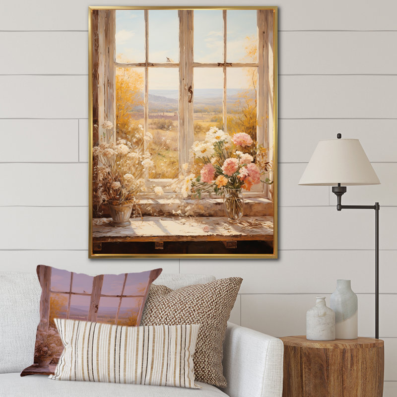 Art floral rétro sur les prairies, vue de fenêtre 3, Cadre flottant doré, H 20 po x l 12 po x P 1 po