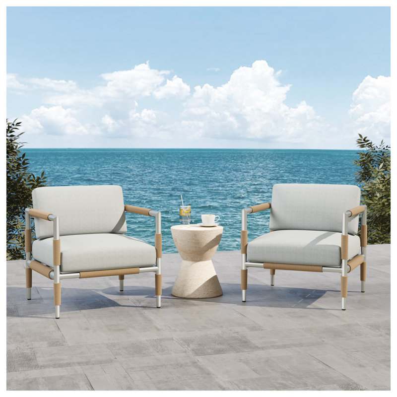 Fauteuil d'extérieur en aluminium gris clair avec coussins épais et rotin Oriana