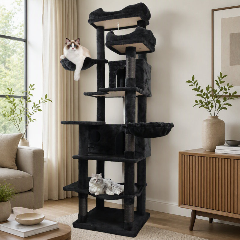 Arbre à chat vert à plusieurs niveaux de 173 cm de hauteur avec hamacs, panier suspendu, grotte pour chat, coussin amovible et poteaux à griffer - Tour à chat en peluche pour chats d'intérieur, idéal pour plusieurs chats