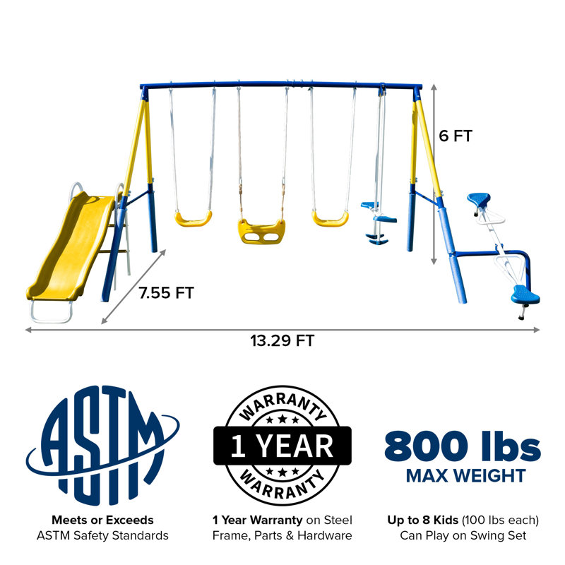 Blue and Yellow Metal Swing Set with Slide and Glider