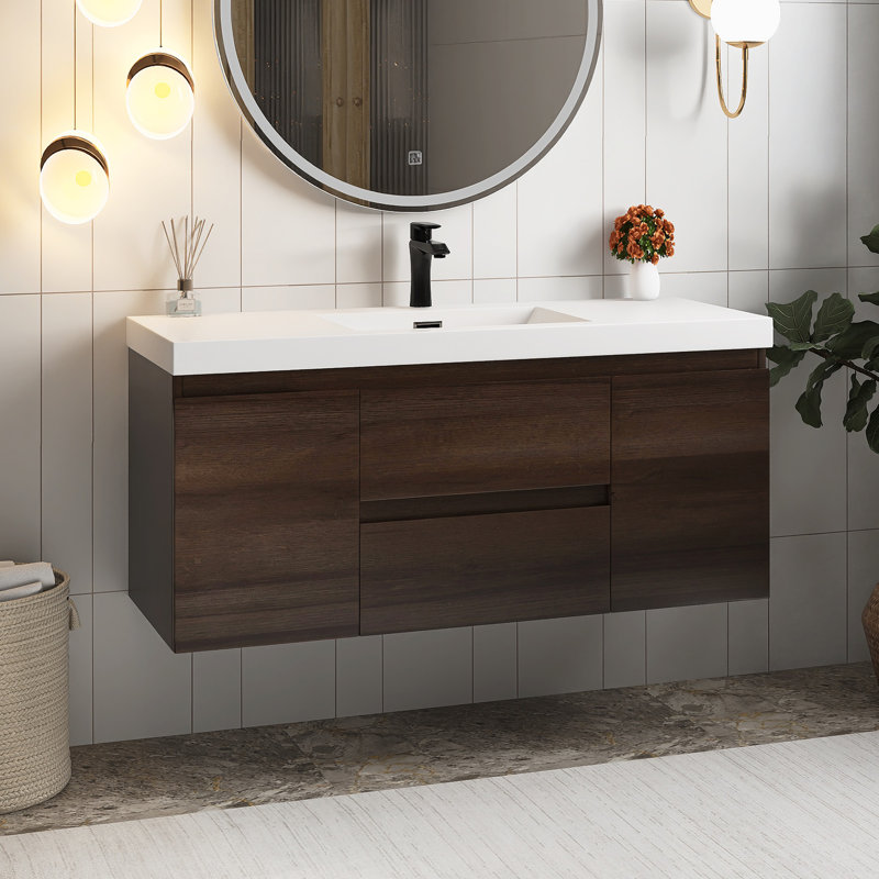 Meuble-lavabo mural simple avec plateau en résine Scottsburg, Chêne gris