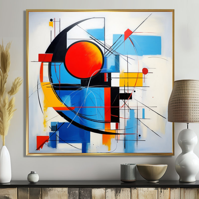 Coucher de soleil rouge déconstruit ciel - art mural géométrique, Cadre flottant doré, H 30 po x l 30 po
