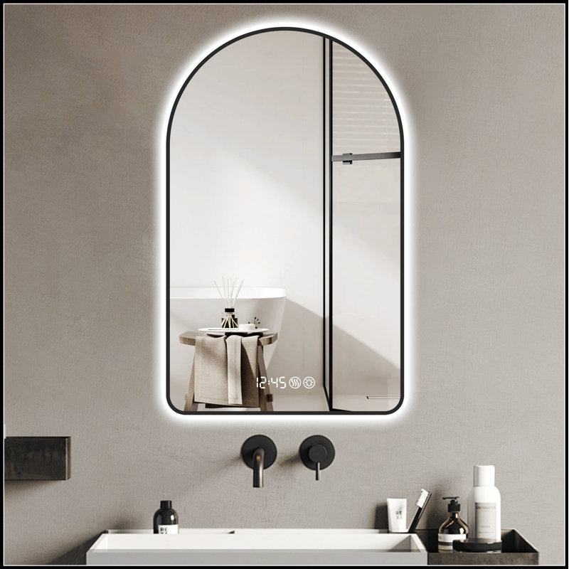 Miroir de salle de bain 32 po x 60 po à DEL arqué avec affichage du temps, de la température, antibuée, à intensité variable et trois couleurs - Éclairage pour meuble-lavabo moderne
