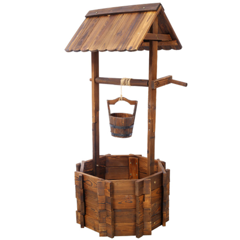 Rustic Wooden Wishing Well Planter with Hanging Bucket, 45.4" H x 20" W x 20" D