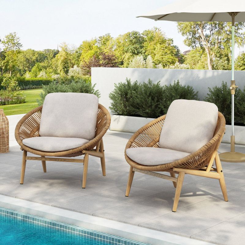 Chaise longue d'extérieur en osier avec coussin, ensemble de 2 Cyril, Beige, Marron clair