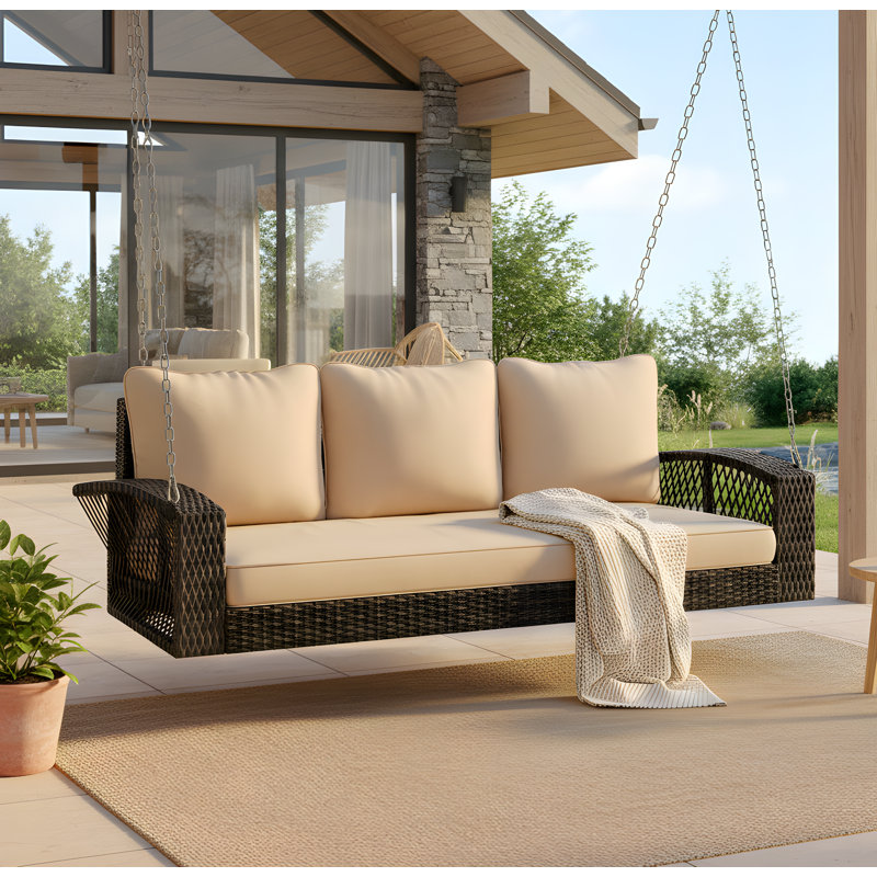 Patio Pe Wicker Swing, banc de balancelle avec 2 cordes suspendues, Beige, Brun
