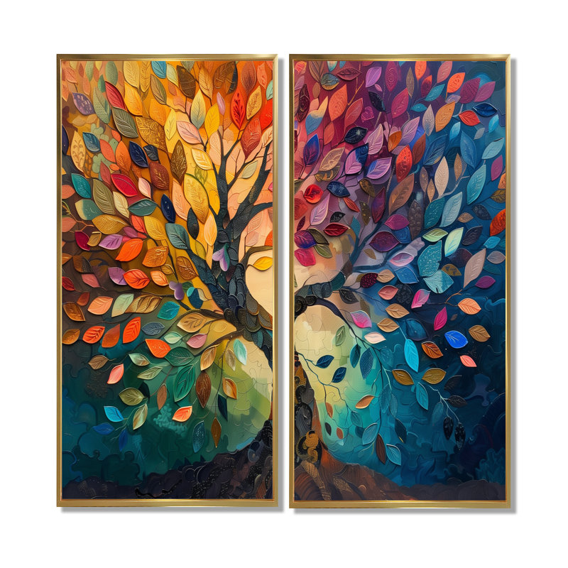 Colorful Tree Of Life II - Landscapes Tree Of Life Wall Decor 2 Pieces, 32" H x 32" W, Framed Print without Mat, Gold