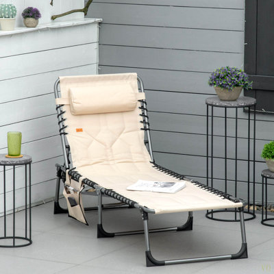 Chaise longue pliante rembourrée Outsunny, fauteuil de bronzage inclinable de camping à 6 niveaux avec appui-tête pour la plage, la cour, le patio, la piscine