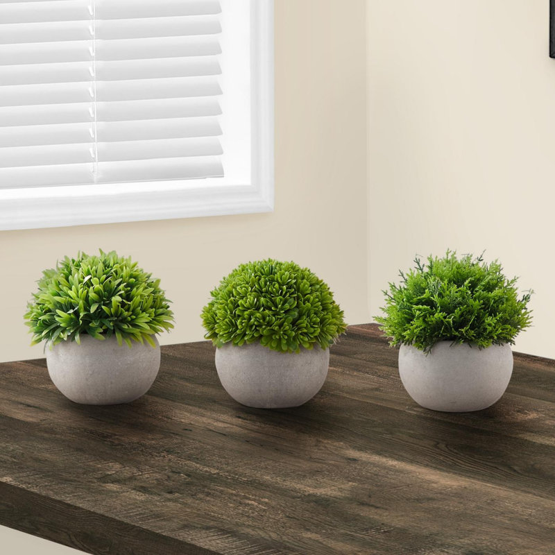 Set of 3 Green Faux Grass Plants in Gray Pots