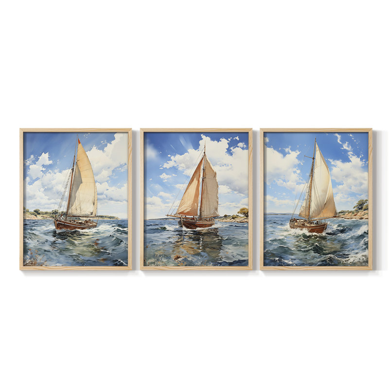 Série Sea and Shore Lxx - Ensemble de 3 estampes numériques encadrées - Prêt à être accroché, Naturel, H 14 po x l 33 po