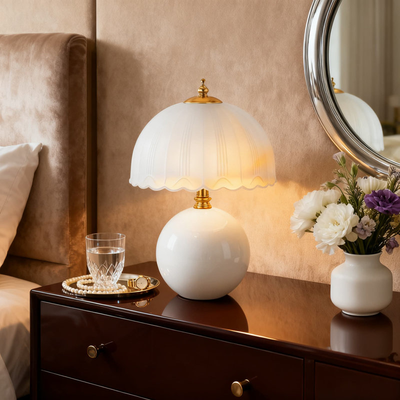 Lampe de table champignon avec abat-jour en verre, lampe de chevet en céramique avec température de couleur réglable à 3 voies (2700K-5000K), lampe de table de chevet à bascule pour chambre à coucher, salon, bureau