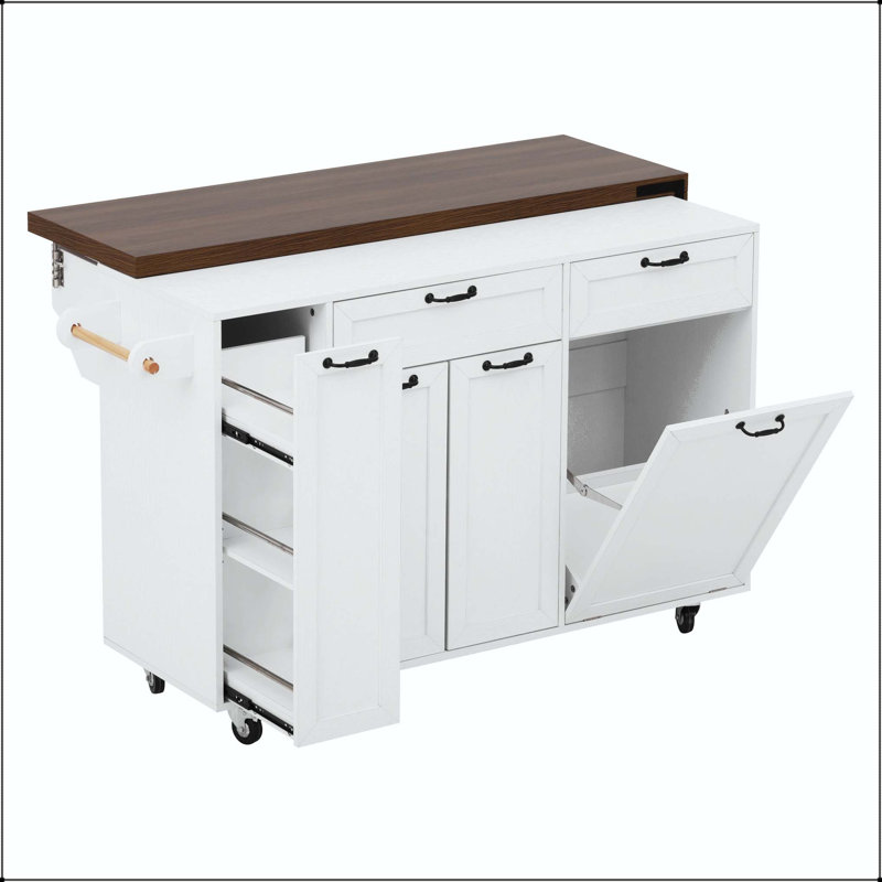 102.3" Kitchen Island with Extendable Dining Table and Trash Can Cabinet – White, White