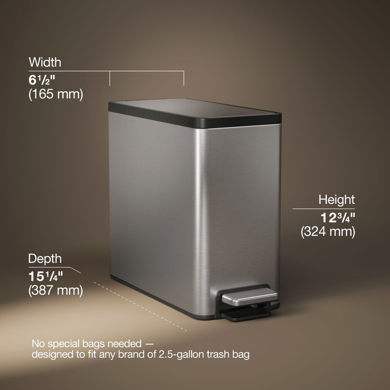 Reset 2.5-Gallon Bathroom Trash Can, Slim Stainless Steel Step Trash Can with Quiet-Close Lid, Stainless Steel