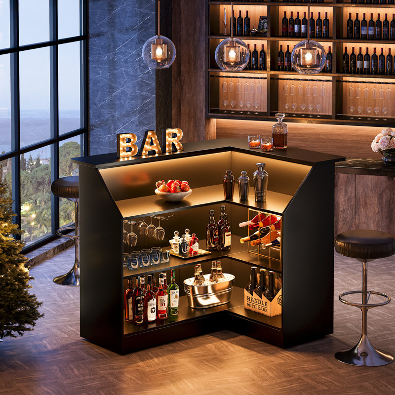 Burnes L-Shaped 4-Tier Wood Bar Cabinet with Stemware Racks, Black