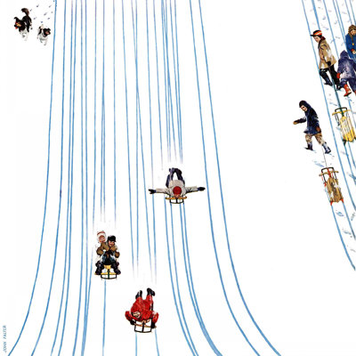 "Sledding Designs in the Snow" par John Falter, reproduction d'art sur toile tendue