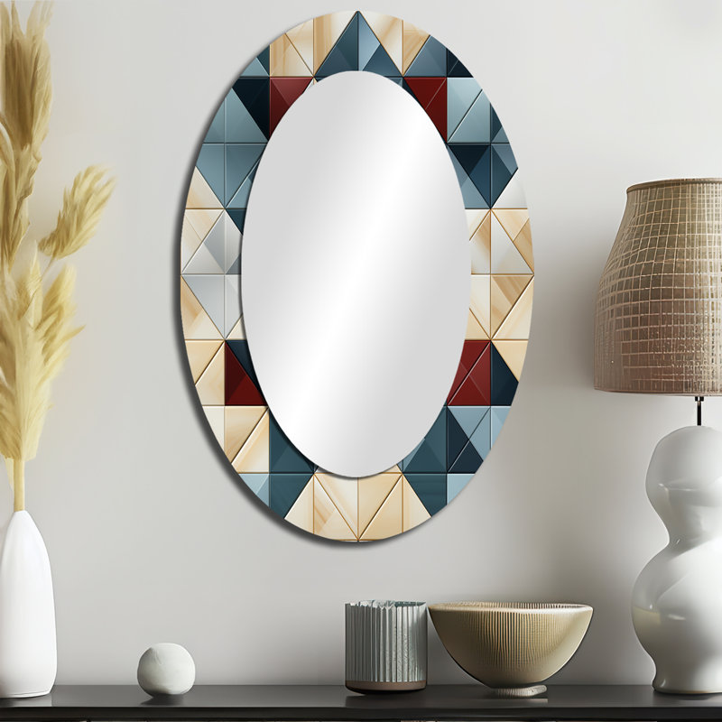Blue And Grey Cubic Angularity - White Oval Wall Mirror Decor, 36 "x 24"