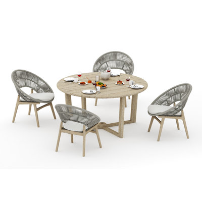 Ensemble de salle à manger 5 pièces en bois de teck vieilli de qualité A: table ronde 60 "Sema et 4 chaises Robas # 11Ro3504