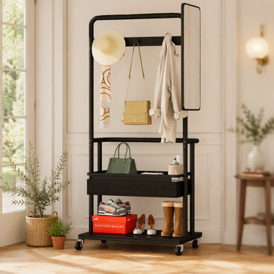 Porte-manteau robuste en métal à roulettes, modèle 3 en 1 comprenant un panier et un miroir, porte-manteau suspendu, porte-manteau mobile à roulettes, grande capacité de rangement, noir, 70 cm (L) x 40 cm (l) x 170 cm (H)