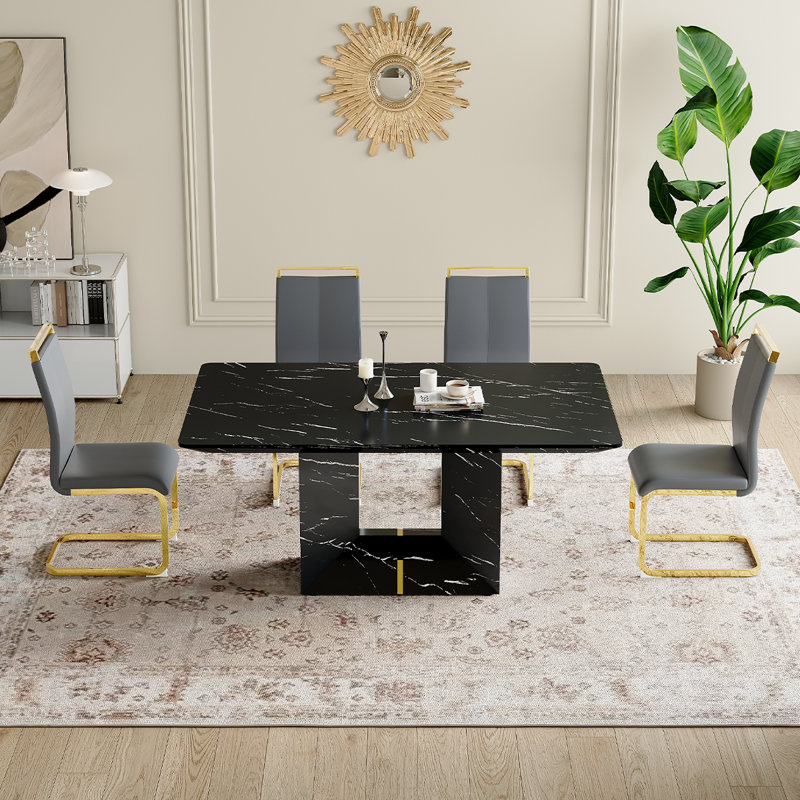 Ensemble de cuisine et salle à manger Modern, table de salle à manger en marbre avec chaises rembourrées, Noir