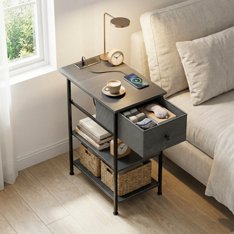 End Table with Drawer, Shelves and Charging Station, Side Table with USB Ports and Outlets, Bedside Table, Nightstand, Gray