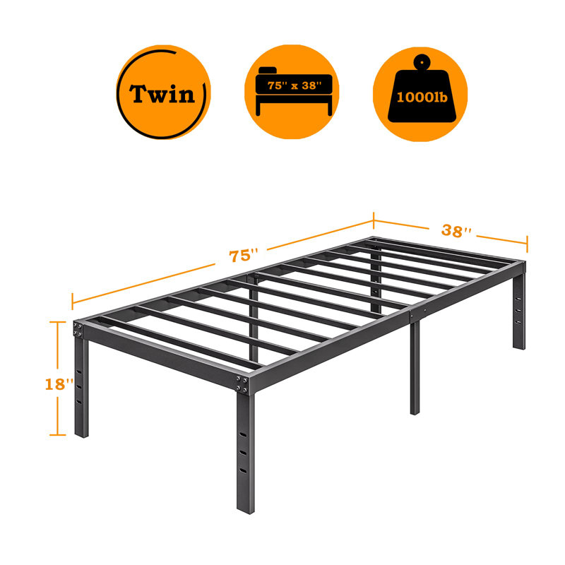 Paca 18'' High Heavy Metal Bed Frame, Support to 2000lbs, No Box Spring, Easy Assembly, Twin