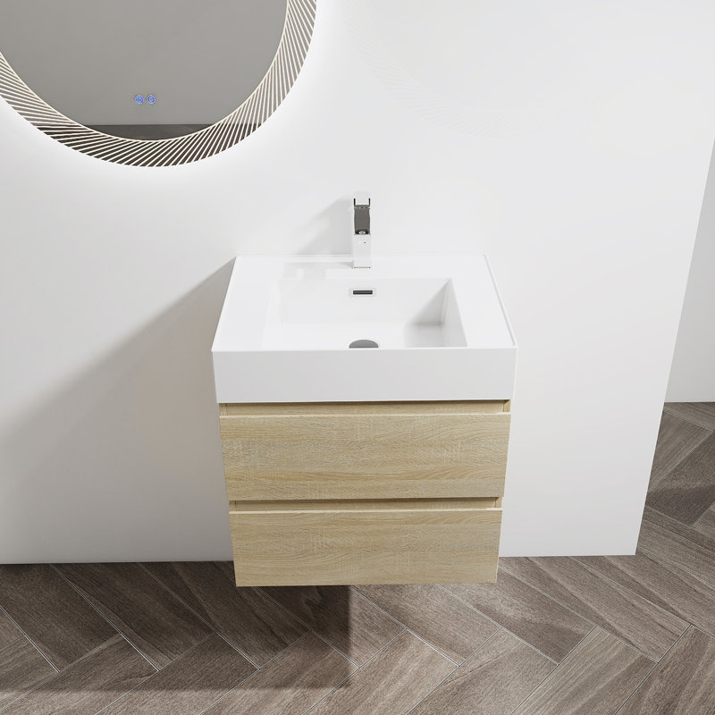 Meuble-lavabo mural 24 po avec lavabo en résine, 2 tiroirs à fermeture en douceur 24 po, Chêne clair, 24"