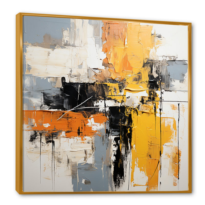 Art abstrait sur toile, collage abstrait jaune et noir II, Cadre flottant doré, H 30 po x l 30 po x P 1,5 po