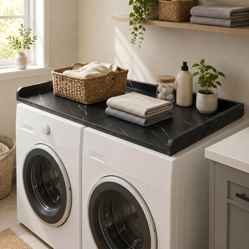Washer Dryer Countertop Laundry Shelf Topper with Edge, Wooden Cover Guard Organizer for Washer, Dryer & Laundry Hamper Storage