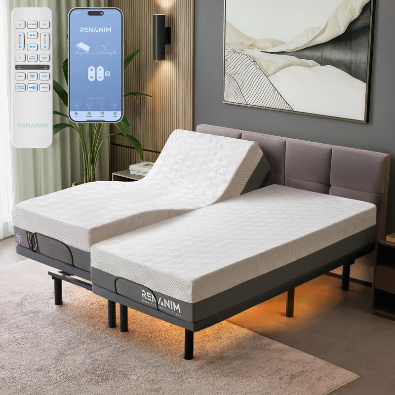 Lit réglable très grand divisé avec matelas à mémoire de forme de 14 pouces inclus, Bluetooth, contrôle des applications, massage, télécommande