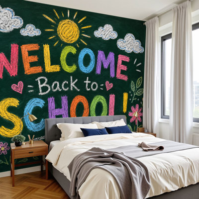 Peel and Stick Wallpaper Welcome Back to School Chalkboard Design Colorful Hand Drawn Elements Wall Murals 100"H x 144"W Removable PVC Wall Paper Self-Adhesive Wall Decor for Bedroom Living Room Home Office