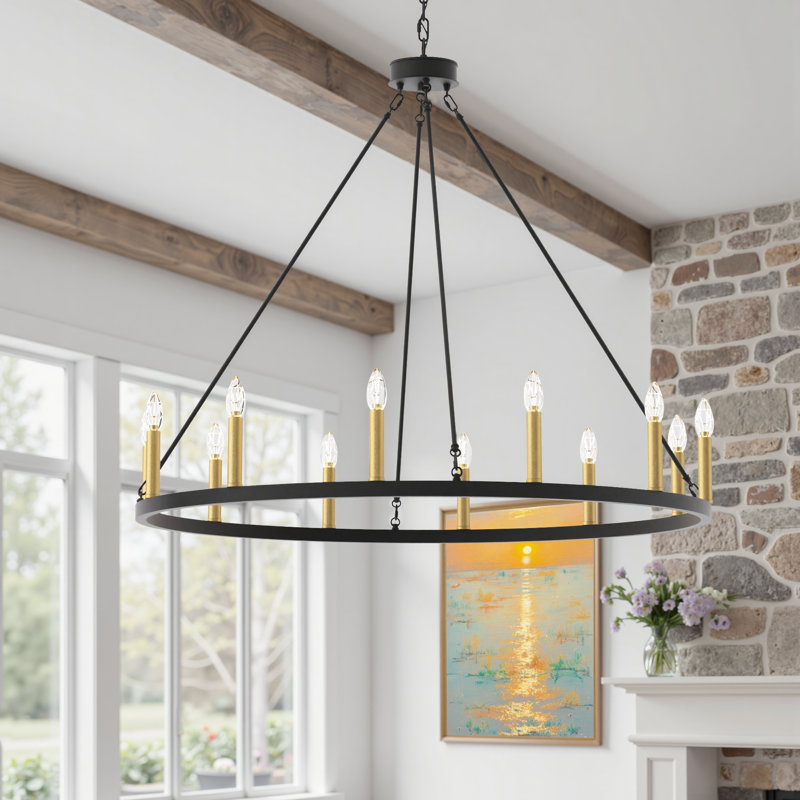 Beck 12 - Light Living Room Steel Dimmable Candle Style Wagon Wheel Chandelier UL Certified, Muted Brass/Brass Glitter