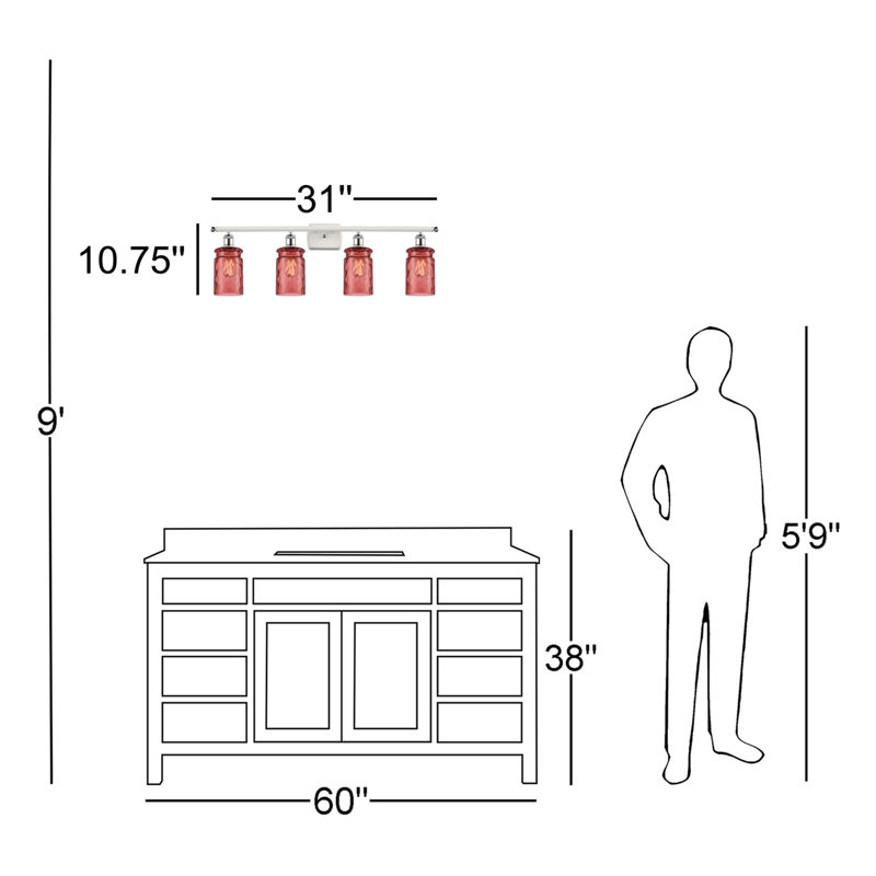Éclairage de salle de bain à intensité variable 4 lumières Binkley, Ampoule incandescente rétro de 60 watts, Verre limpide