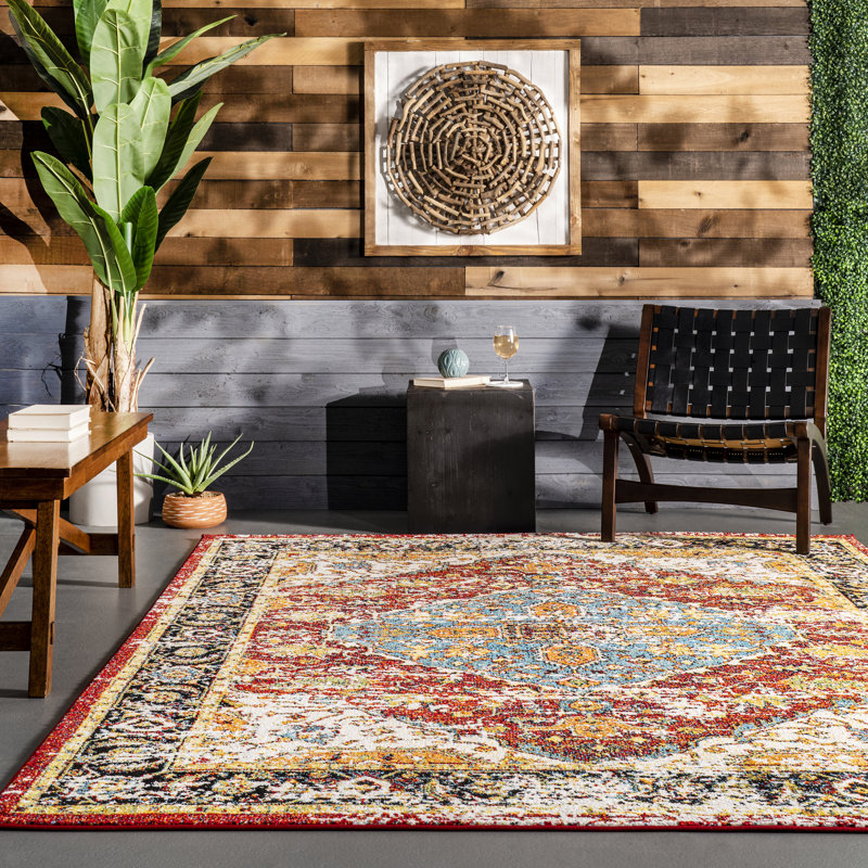 Tapis intérieur / extérieur rouge / jaune / bleu Maskell, Carré 6 pi
